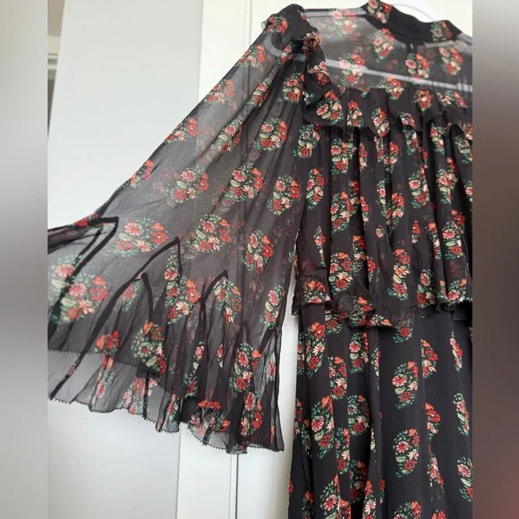 DÔEN Alette Ruffled Tiered Floral-print Silk-georgette Mini Dress - Black size S - Picture 10 of 12